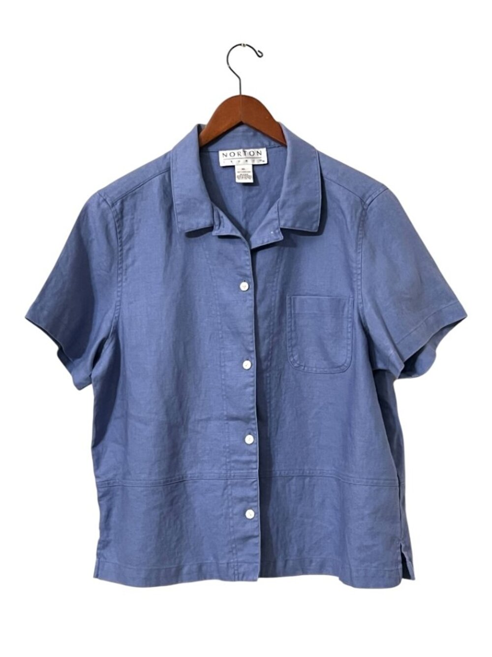 Norton Studio 100% Linen Shirt Women's XL Blue Button Front Short Sleeve Top